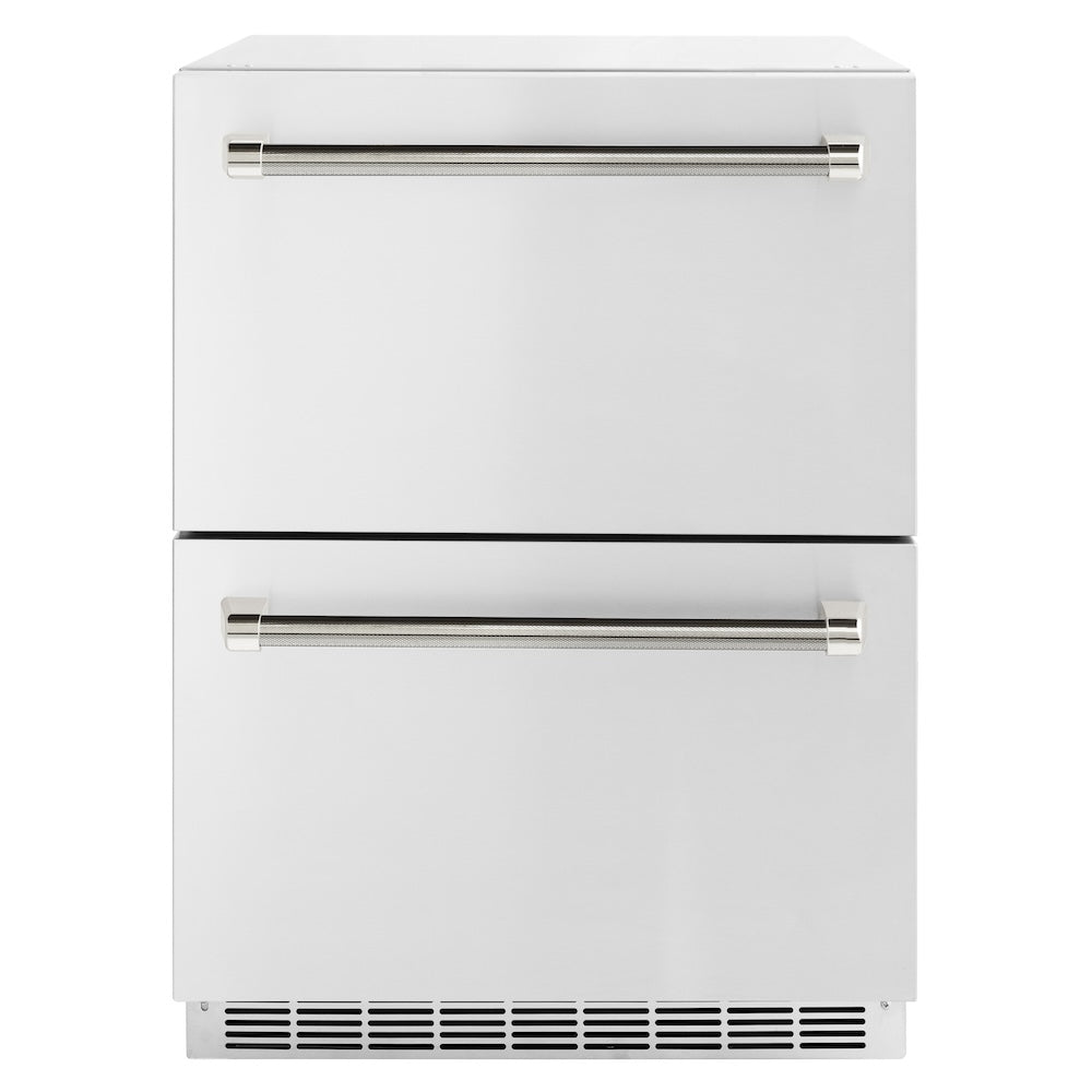 ZLINE Autograph Edition 24 in. Touchstone 168 Can Outdoor-Rated Dual Refrigerator Drawer with Stainless Steel Doors and Polished Nickel Helix Handles (RDSOZ-ST-24-KPN)
