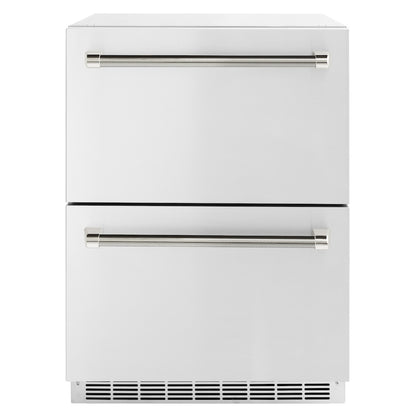 ZLINE Autograph Edition 24 in. Touchstone 168 Can Outdoor-Rated Dual Refrigerator Drawer with Stainless Steel Doors and Polished Nickel Helix Handles (RDSOZ-ST-24-KPN)
