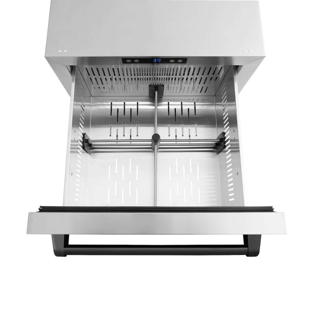 ZLINE Autograph Edition 24 in. Touchstone 168 Can Outdoor-Rated Dual Refrigerator Drawer with Stainless Steel Doors and Matte Black Handles (RDSOZ-ST-24-MB) above drawer, with divider.