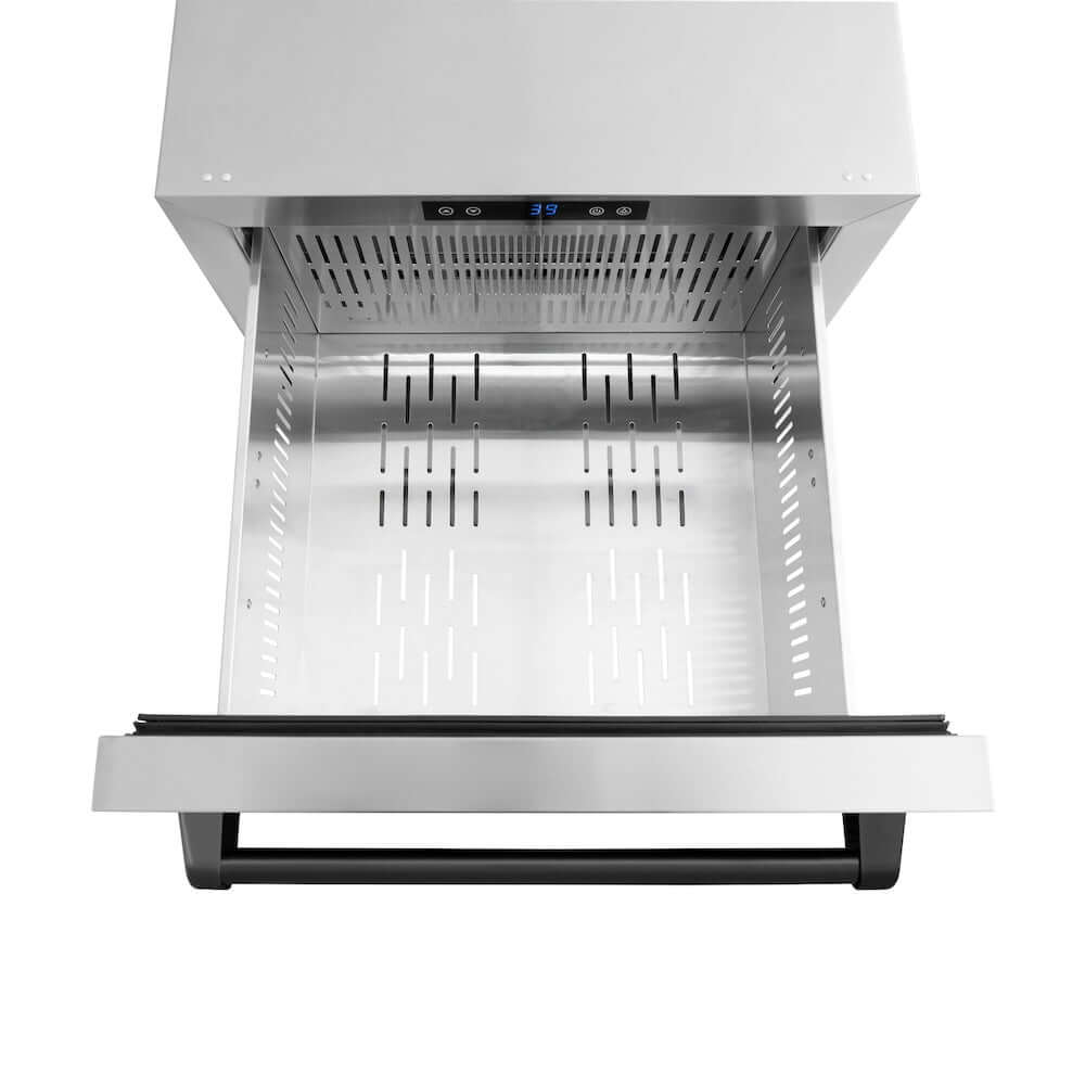 ZLINE Autograph Edition 24 in. Touchstone 168 Can Outdoor-Rated Dual Refrigerator Drawer with Stainless Steel Doors and Matte Black Handles (RDSOZ-ST-24-MB) above drawer, without divider.