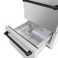 ZLINE Autograph Edition 24 in. Touchstone 168 Can Outdoor-Rated Dual Refrigerator Drawer with Stainless Steel Doors and Matte Black Handles (RDSOZ-ST-24-MB) close-up, bottom drawer open.