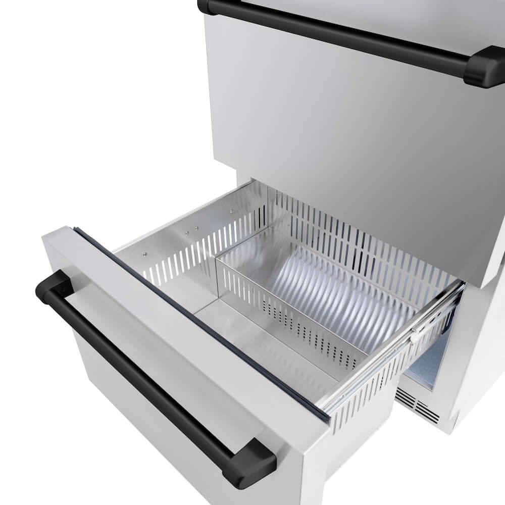 ZLINE Autograph Edition 24 in. Touchstone 168 Can Outdoor-Rated Dual Refrigerator Drawer with Stainless Steel Doors and Matte Black Handles (RDSOZ-ST-24-MB) close-up, bottom drawer open.