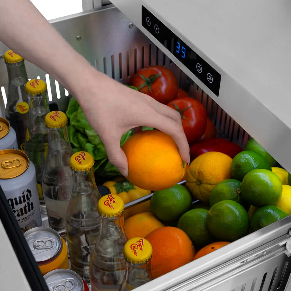 ZLINE Autograph Edition 24 in. Touchstone 168 Can Outdoor-Rated Dual Refrigerator Drawer with Stainless Steel Doors and Matte Black Handles (RDSOZ-ST-24-MB) close-up, food and drinks inside drawer.