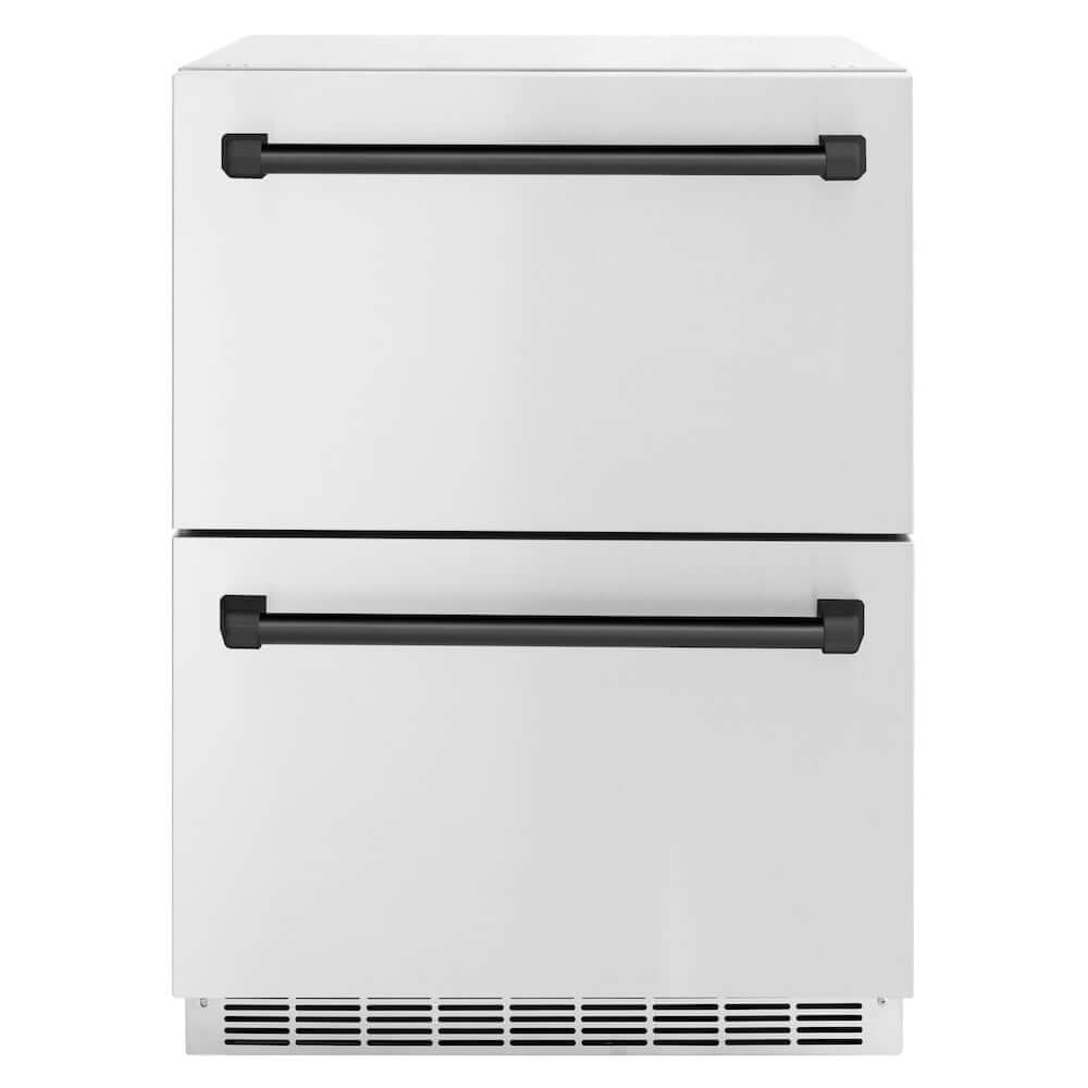 ZLINE Autograph Edition 24 in. Touchstone 168 Can Outdoor-Rated Dual Refrigerator Drawer with Stainless Steel Doors and Matte Black Handles (RDSOZ-ST-24-MB)