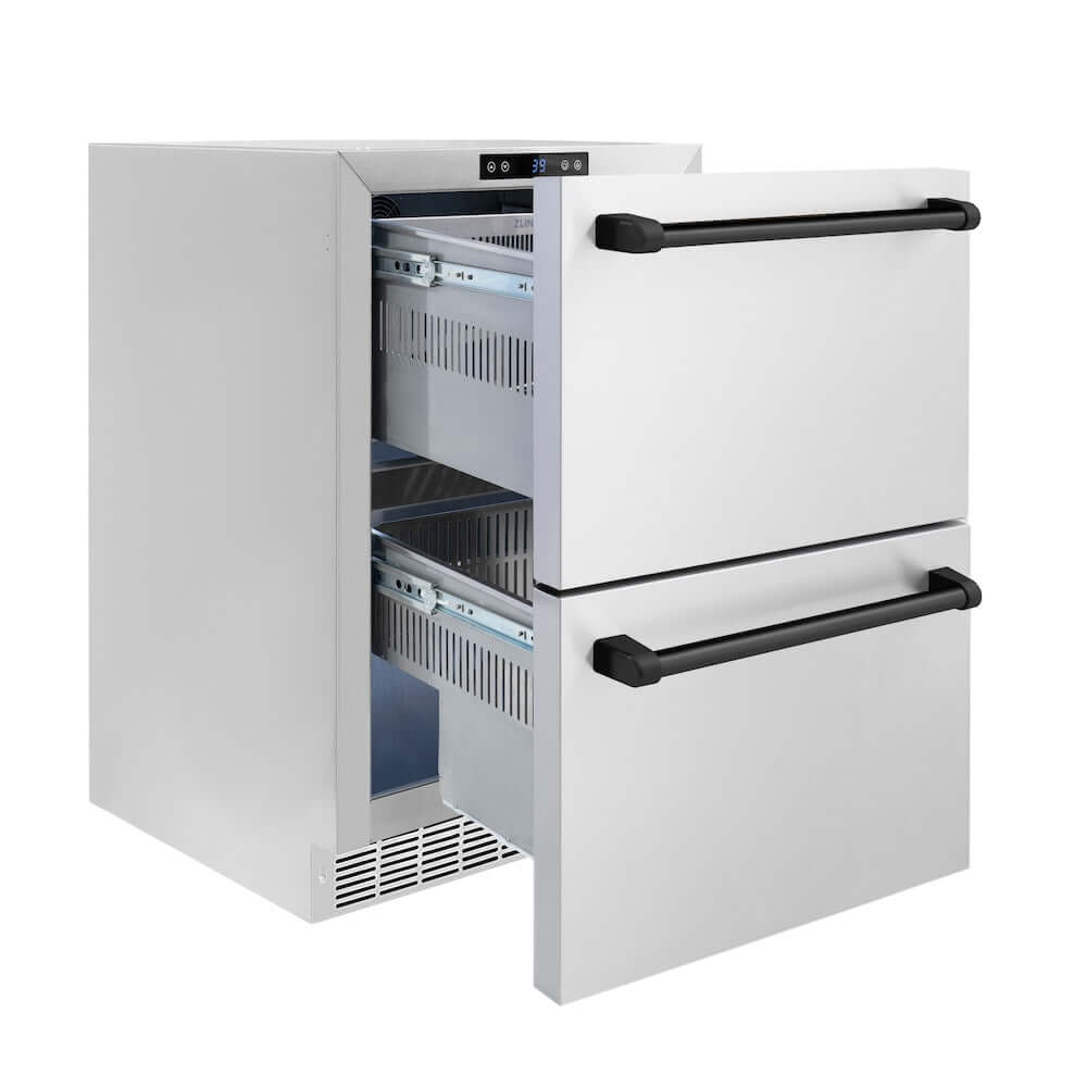 ZLINE Autograph Edition 24 in. Touchstone 168 Can Outdoor-Rated Dual Refrigerator Drawer with Stainless Steel Doors and Matte Black Handles (RDSOZ-ST-24-MB)