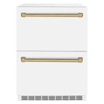 ZLINE Autograph Edition 24 in. Touchstone 168 Can Outdoor-Rated Dual Refrigerator Drawer with White Matte Doors and Champagne Bronze Handles (RDSOZ-WM-24-CB) main image.