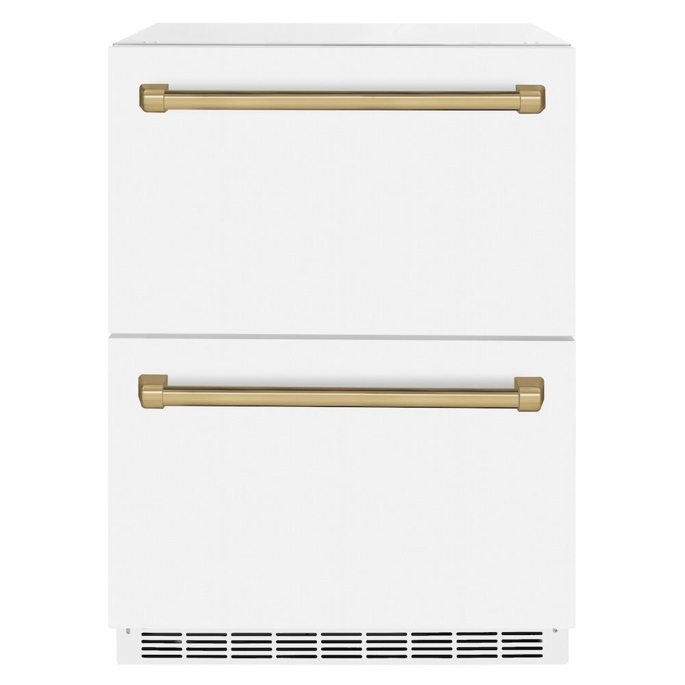 ZLINE Autograph Edition 24 in. Touchstone 168 Can Outdoor-Rated Dual Refrigerator Drawer with White Matte Doors and Champagne Bronze Handles (RDSOZ-WM-24-CB) main image.