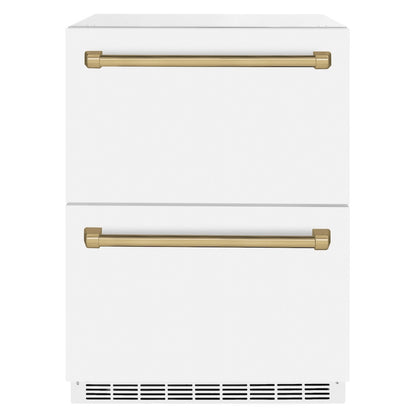 ZLINE Autograph Edition 24 in. Touchstone 168 Can Outdoor-Rated Dual Refrigerator Drawer with White Matte Doors and Champagne Bronze Handles (RDSOZ-WM-24-CB) main image.