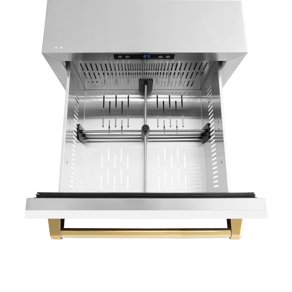 ZLINE Autograph Edition 24 in. Touchstone 168 Can Outdoor-Rated Dual Refrigerator Drawer with White Matte Doors and Polished Gold Handles (RDSOZ-WM-24-G)