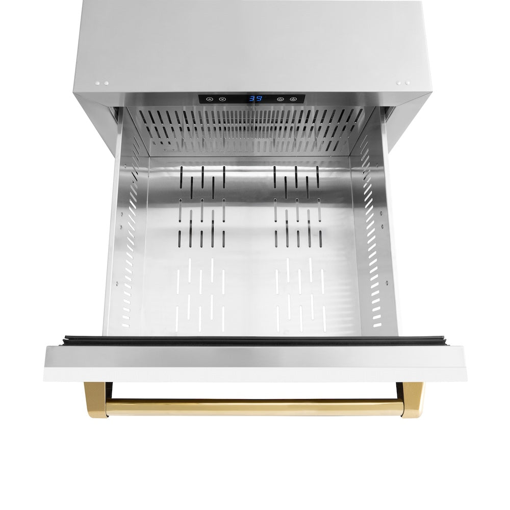 ZLINE Autograph Edition 24 in. Touchstone 168 Can Outdoor-Rated Dual Refrigerator Drawer with White Matte Doors and Polished Gold Handles (RDSOZ-WM-24-G)