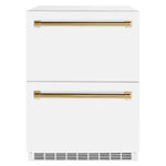 ZLINE Autograph Edition 24 in. Touchstone 168 Can Outdoor-Rated Dual Refrigerator Drawer with White Matte Doors and Polished Gold Handles (RDSOZ-WM-24-G) main image.