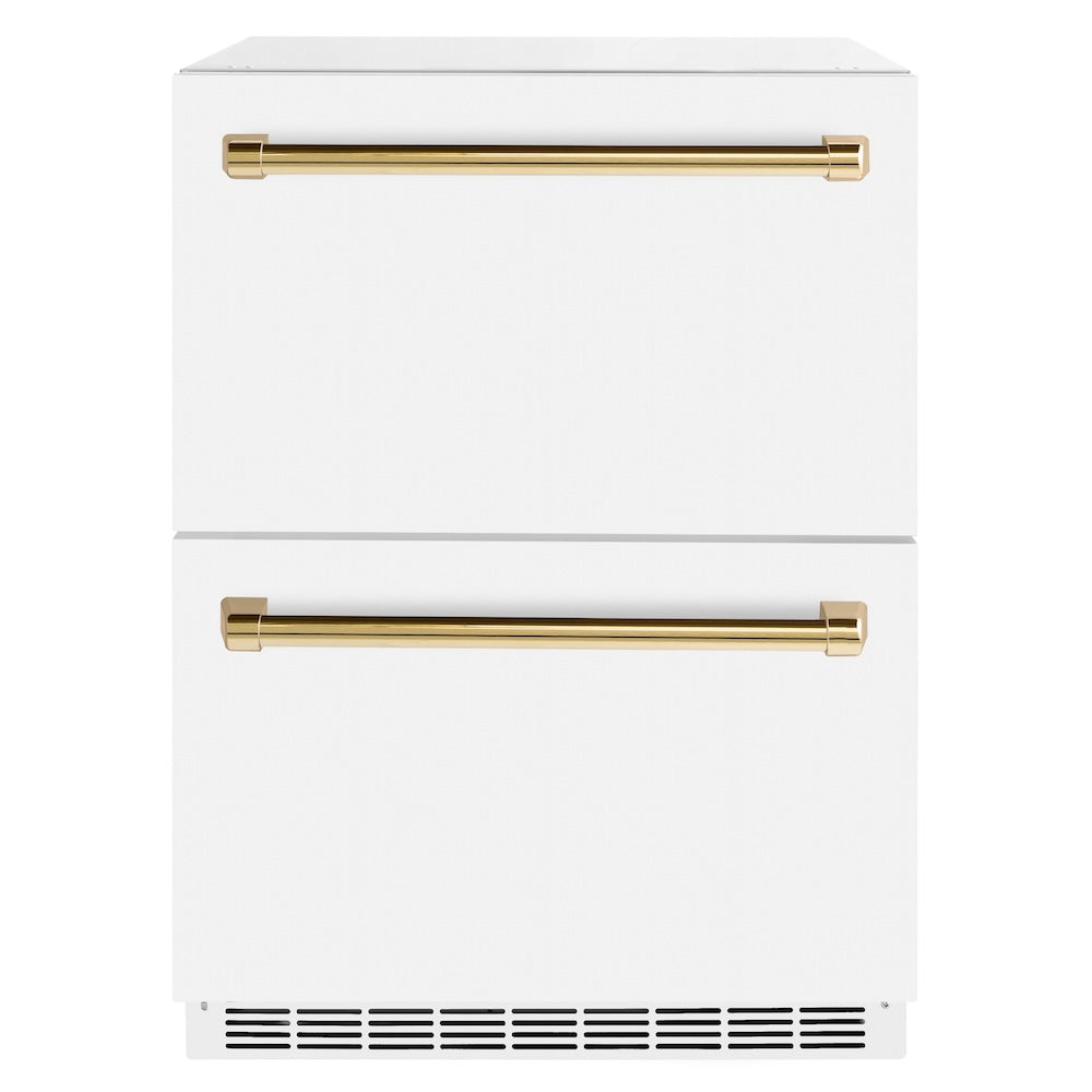 ZLINE Autograph Edition 24 in. Touchstone 168 Can Outdoor-Rated Dual Refrigerator Drawer with White Matte Doors and Polished Gold Handles (RDSOZ-WM-24-G) main image.