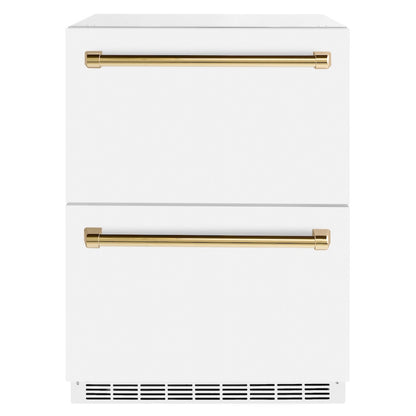 ZLINE Autograph Edition 24 in. Touchstone 168 Can Outdoor-Rated Dual Refrigerator Drawer with White Matte Doors and Polished Gold Handles (RDSOZ-WM-24-G) main image.