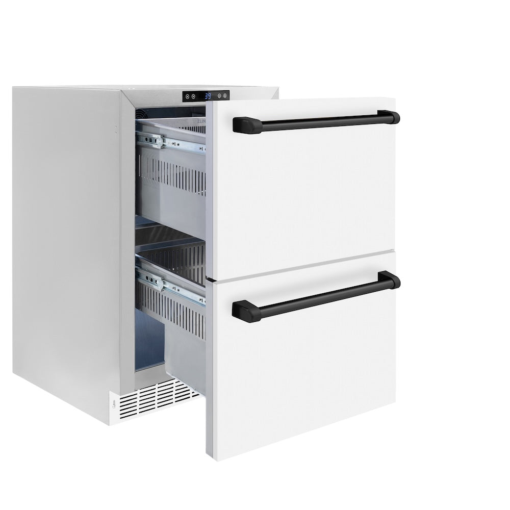 ZLINE Autograph Edition 24 in. Touchstone 168 Can Outdoor-Rated Dual Refrigerator Drawer with White Matte Doors and Matte Black Handles (RDSOZ-WM-24-MB)