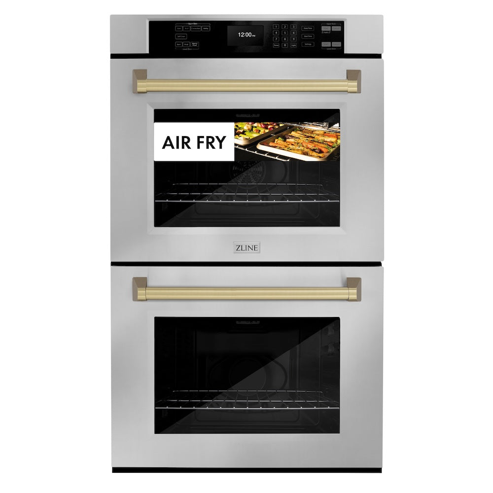 ZLINE Autograph Edition 30 in. Professional True Convection Double Wall Oven with Air Fry and Self Clean in Stainless Steel with Champagne Bronze Handles (WADZ-30-CB) front, oven closed with food inside. Text: "Air Fry"