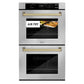 ZLINE Autograph Edition 30 in. Professional True Convection Double Wall Oven with Air Fry and Self Clean in Stainless Steel with Champagne Bronze Handles (WADZ-30-CB) front, oven closed with food inside. Text: "Air Fry"