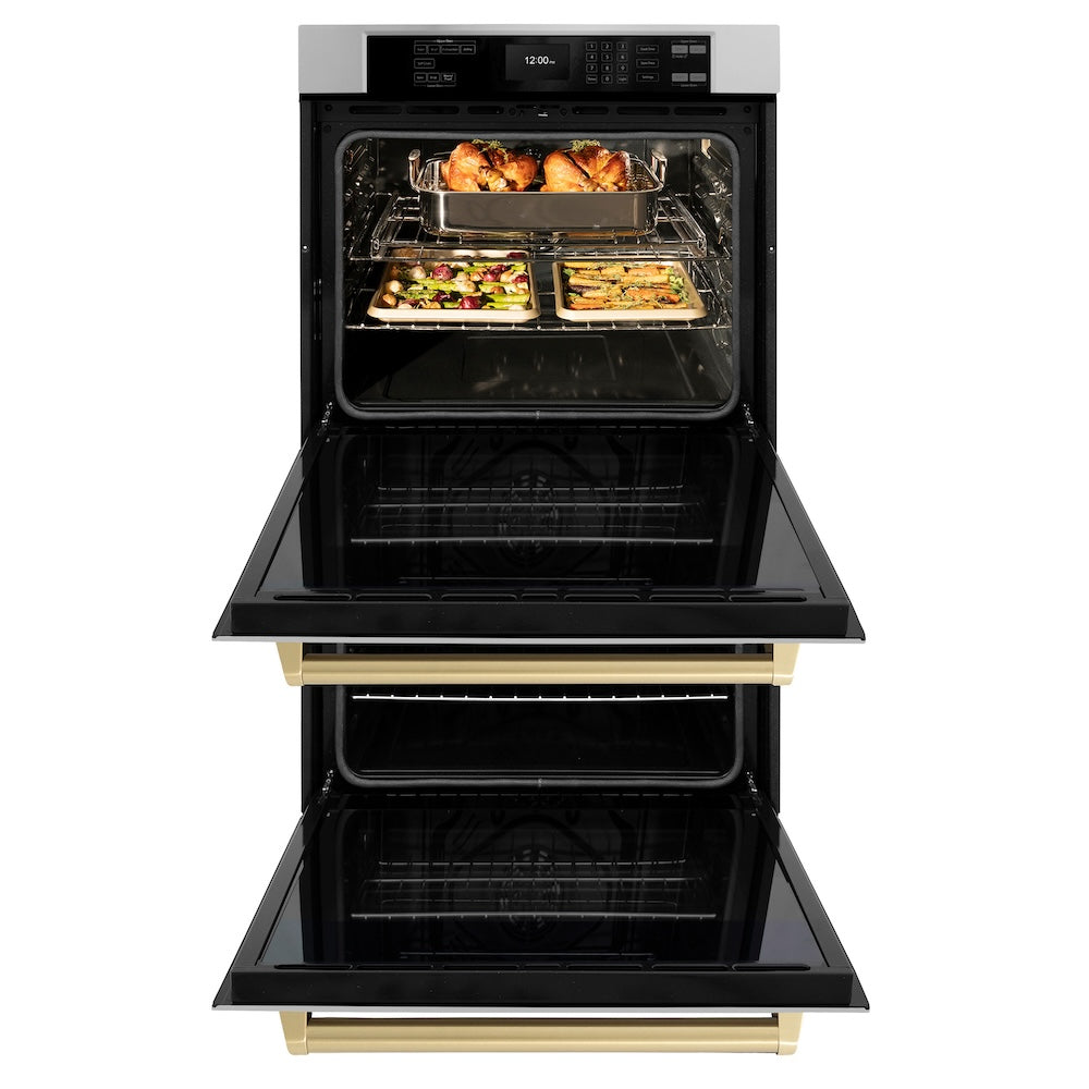 ZLINE Autograph Edition 30 in. Professional True Convection Double Wall Oven with Air Fry and Self Clean in Stainless Steel with Champagne Bronze Handles (WADZ-30-CB) front, open, with food inside.