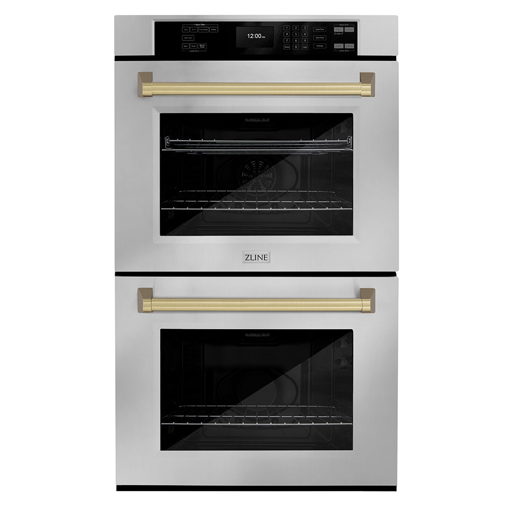 ZLINE Autograph Edition 30 in. Professional True Convection Double Wall Oven with Air Fry and Self Clean in Stainless Steel with Champagne Bronze Handles (WADZ-30-CB) main image.
