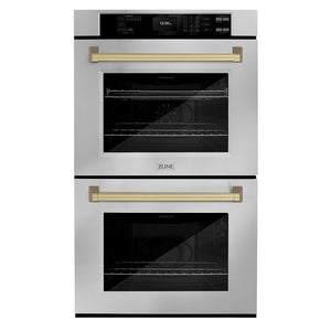 ZLINE Autograph Edition 30 in. Professional True Convection Double Wall Oven with Air Fry and Self Clean in Stainless Steel with Champagne Bronze Handles (WADZ-30-CB) main image.