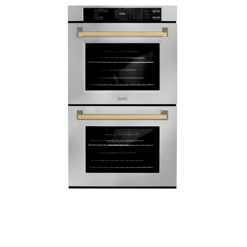 ZLINE Autograph Edition 30 in. Professional True Convection Double Wall Oven with Air Fry and Self Clean in Stainless Steel with Champagne Bronze Handles (WADZ-30-CB)