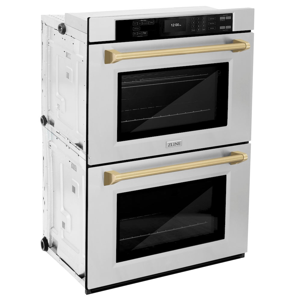 ZLINE Autograph Edition 30 in. Professional True Convection Double Wall Oven with Air Fry and Self Clean in Stainless Steel with Champagne Bronze Handles (WADZ-30-CB) side, oven closed.