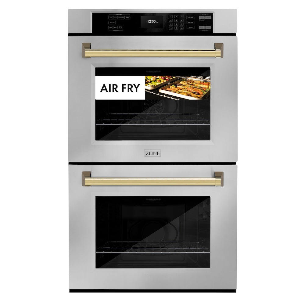 ZLINE Autograph Edition 30 in. Professional True Convection Double Wall Oven with Air Fry and Self Clean in Stainless Steel with Polished Gold Handles (WADZ-30-G) front, oven closed with food inside. Text: "Air Fry"