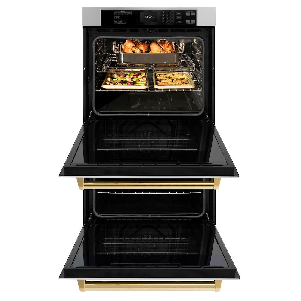 ZLINE Autograph Edition 30 in. Professional True Convection Double Wall Oven with Air Fry and Self Clean in Stainless Steel with Polished Gold Handles (WADZ-30-G) front, open, with food inside.