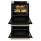 ZLINE Autograph Edition 30 in. Professional True Convection Double Wall Oven with Air Fry and Self Clean in Stainless Steel with Polished Gold Handles (WADZ-30-G) front, open, with food inside.