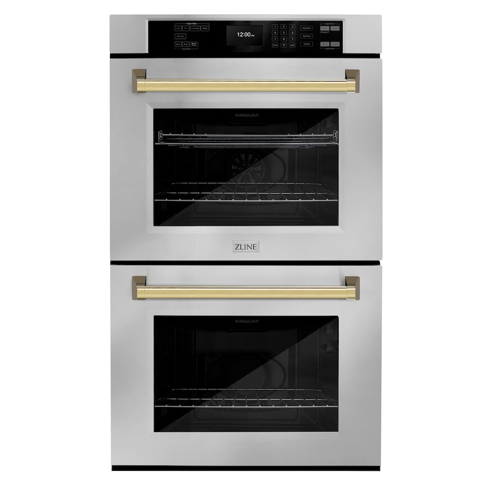 ZLINE Autograph Edition 30 in. Professional True Convection Double Wall Oven with Air Fry and Self Clean in Stainless Steel with Polished Gold Handles (WADZ-30-G) main image.