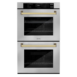 ZLINE Autograph Edition 30 in. Professional True Convection Double Wall Oven with Air Fry and Self Clean in Stainless Steel with Polished Gold Handles (WADZ-30-G) main image.