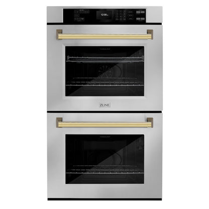 ZLINE Autograph Edition 30 in. Professional True Convection Double Wall Oven with Air Fry and Self Clean in Stainless Steel with Polished Gold Handles (WADZ-30-G)