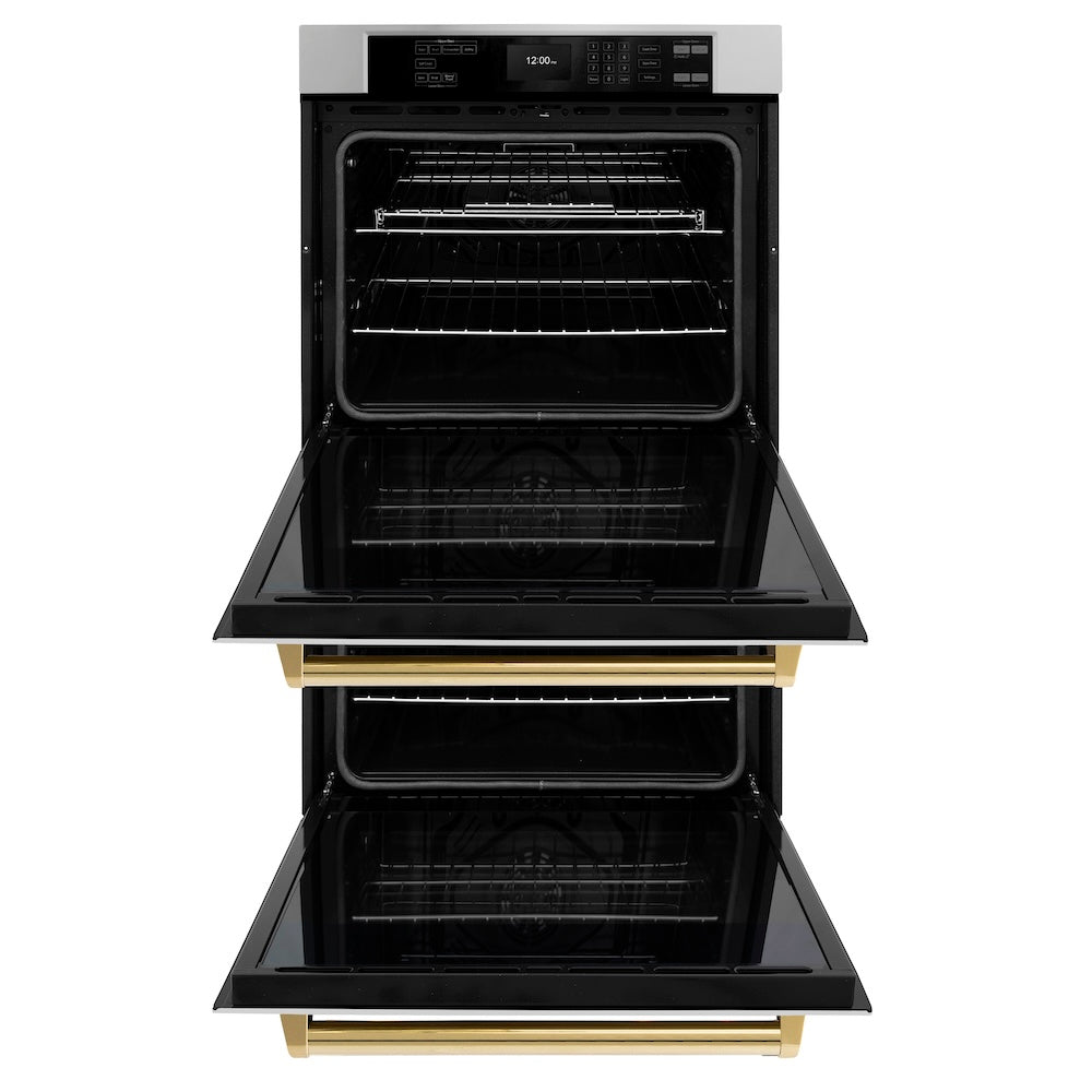 ZLINE Autograph Edition 30 in. Professional True Convection Double Wall Oven with Air Fry and Self Clean in Stainless Steel with Polished Gold Handles (WADZ-30-G) front, open.