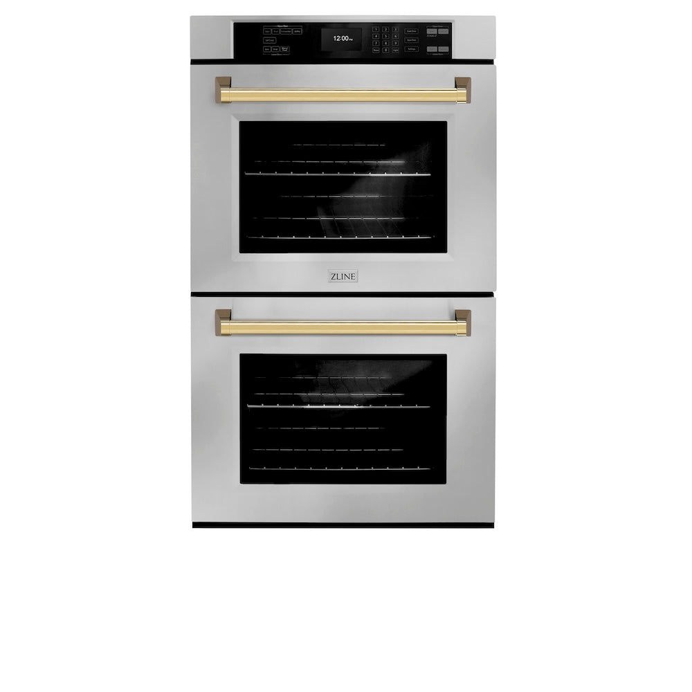 ZLINE Autograph Edition 30 in. Professional True Convection Double Wall Oven with Air Fry and Self Clean in Stainless Steel with Polished Gold Handles (WADZ-30-G) front, closed.