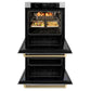 ZLINE Autograph Edition 30 in. Professional True Convection Double Wall Oven with Air Fry and Self Clean in Stainless Steel with Champagne Bronze Helix Handles (WADZ-30-KCB) with open door showing roasted turkey and vegetables.
