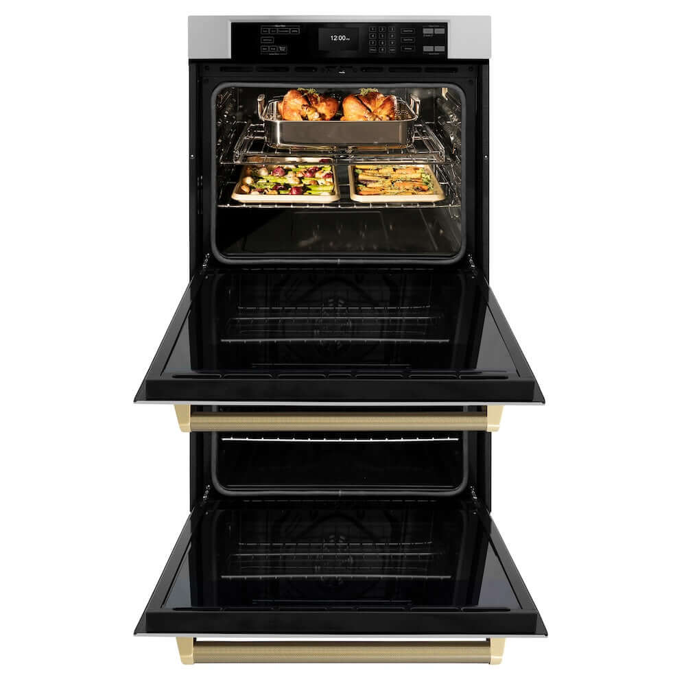 ZLINE Autograph Edition 30 in. Professional True Convection Double Wall Oven with Air Fry and Self Clean in Stainless Steel with Champagne Bronze Helix Handles (WADZ-30-KCB) with open door showing roasted turkey and vegetables.