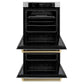 ZLINE Autograph Edition 30 in. Professional True Convection Double Wall Oven with Air Fry and Self Clean in Stainless Steel with Champagne Bronze Helix Handles (WADZ-30-KCB) front, open.