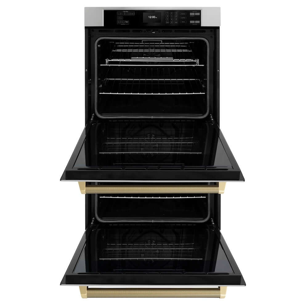 ZLINE Autograph Edition 30 in. Professional True Convection Double Wall Oven with Air Fry and Self Clean in Stainless Steel with Champagne Bronze Helix Handles (WADZ-30-KCB) front, open.
