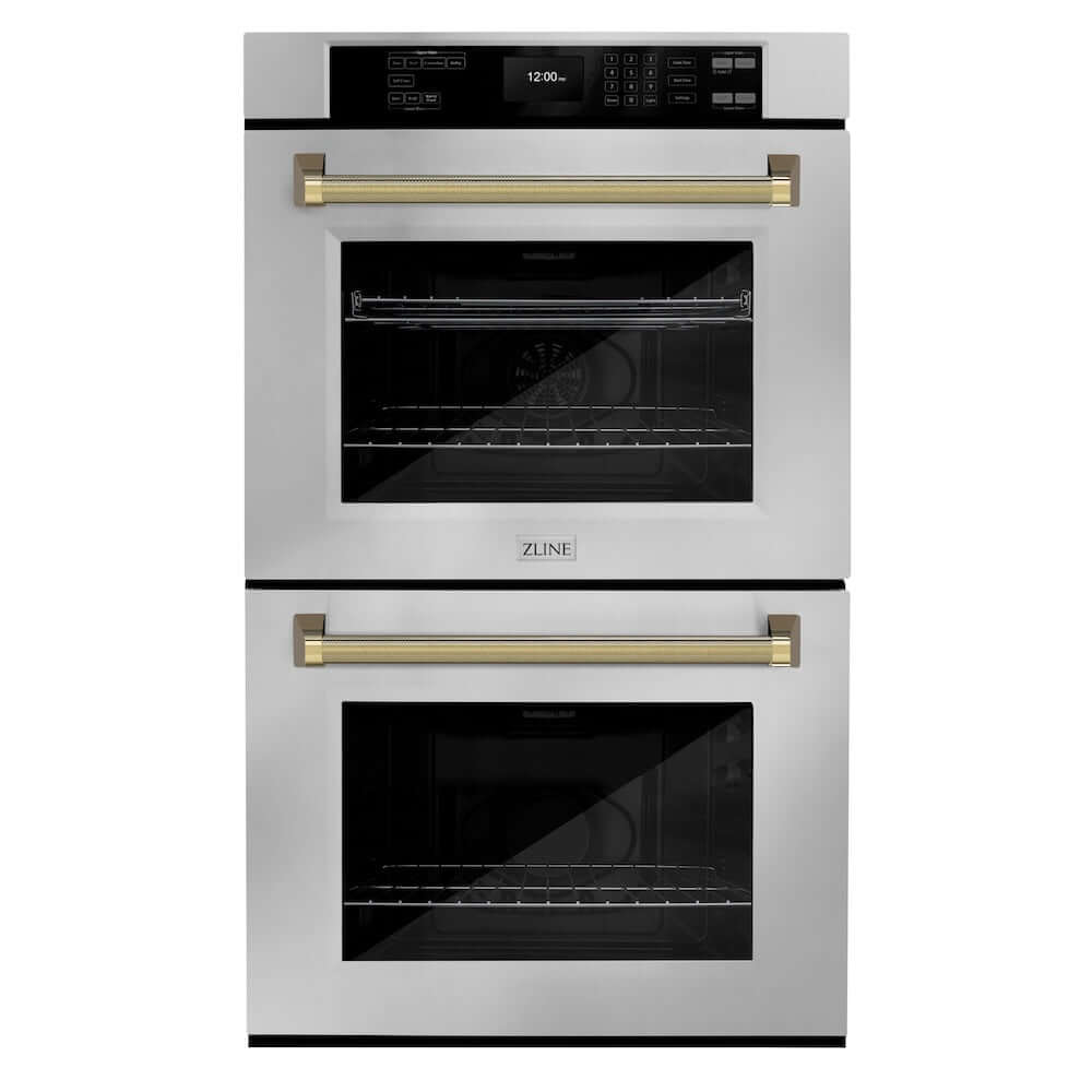 ZLINE Autograph Edition 30 in. Professional True Convection Double Wall Oven with Air Fry and Self Clean in Stainless Steel with Polished Gold Helix Handles (WADZ-30-KG) main image.
