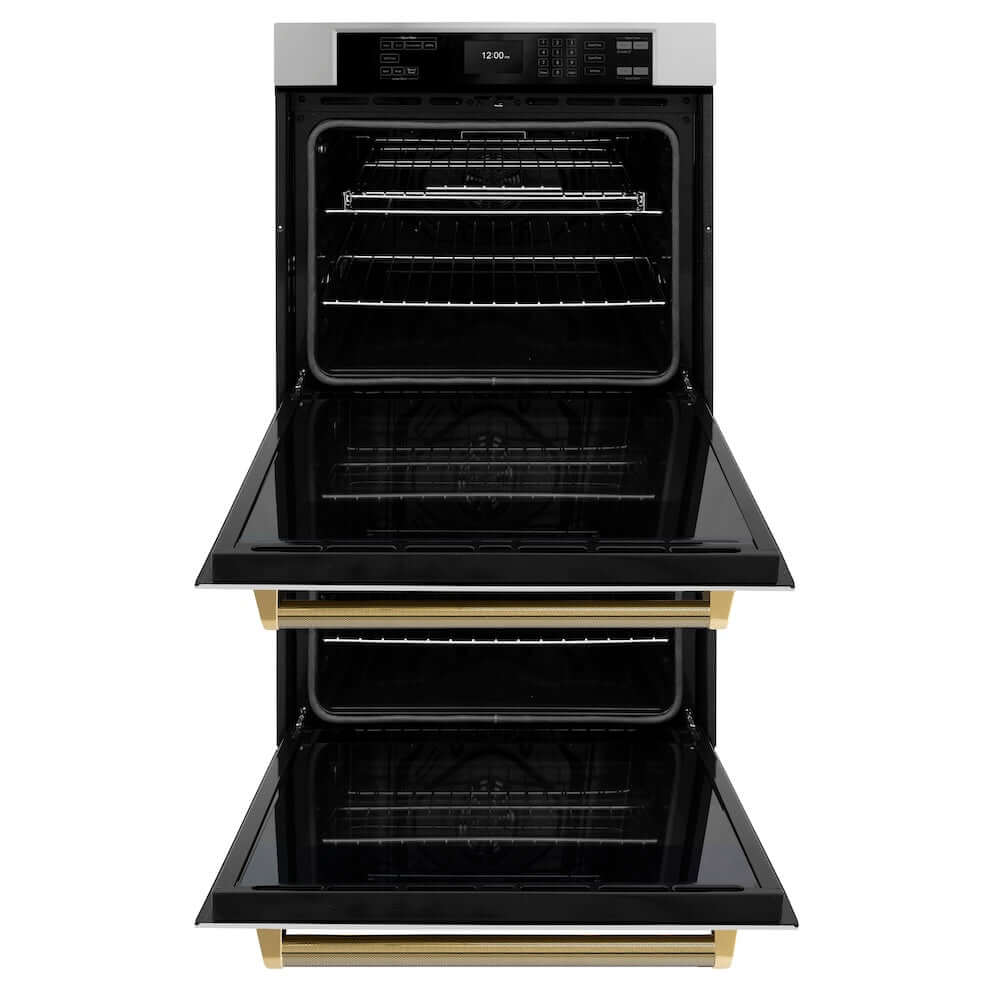 ZLINE Autograph Edition 30 in. Professional True Convection Double Wall Oven with Air Fry and Self Clean in Stainless Steel with Polished Gold Helix Handles (WADZ-30-KG) front, open.