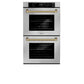ZLINE Autograph Edition 30 in. Professional True Convection Double Wall Oven with Air Fry and Self Clean in Stainless Steel with Polished Gold Helix Handles (WADZ-30-KG) front.