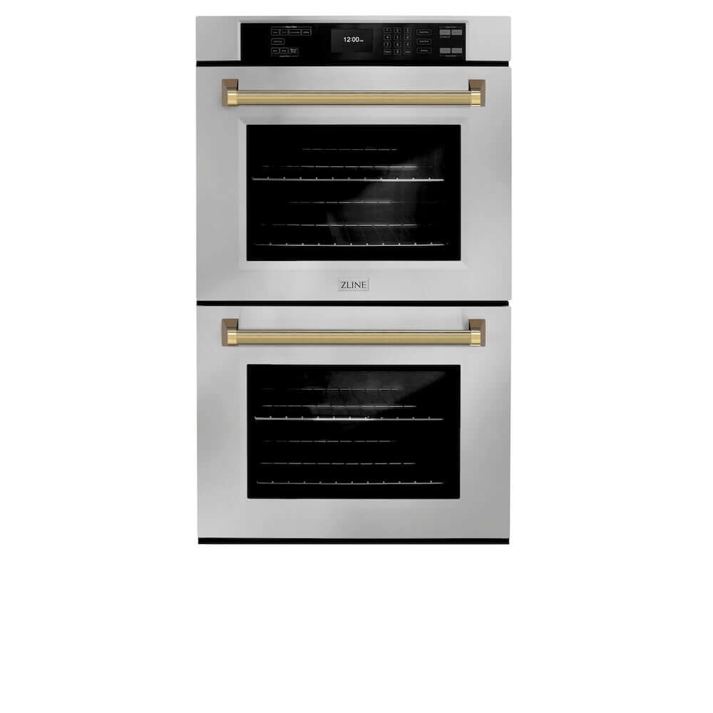 ZLINE Autograph Edition 30 in. Professional True Convection Double Wall Oven with Air Fry and Self Clean in Stainless Steel with Polished Gold Helix Handles (WADZ-30-KG) front.