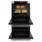 ZLINE Autograph Edition 30 in. Professional True Convection Double Wall Oven with Air Fry and Self Clean in Stainless Steel with Polished Nickel Helix Handles (WADZ-30-KPN) with open door showing roasted turkey and vegetables.