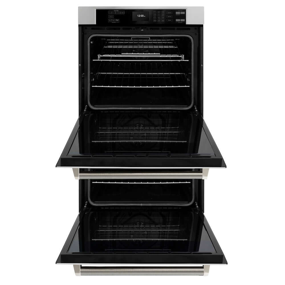 ZLINE Autograph Edition 30 in. Professional True Convection Double Wall Oven with Air Fry and Self Clean in Stainless Steel with Polished Nickel Helix Handles (WADZ-30-KPN) front, open.