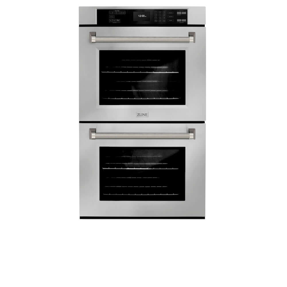 ZLINE Autograph Edition 30 in. Professional True Convection Double Wall Oven with Air Fry and Self Clean in Stainless Steel with Polished Nickel Helix Handles (WADZ-30-KPN) front.