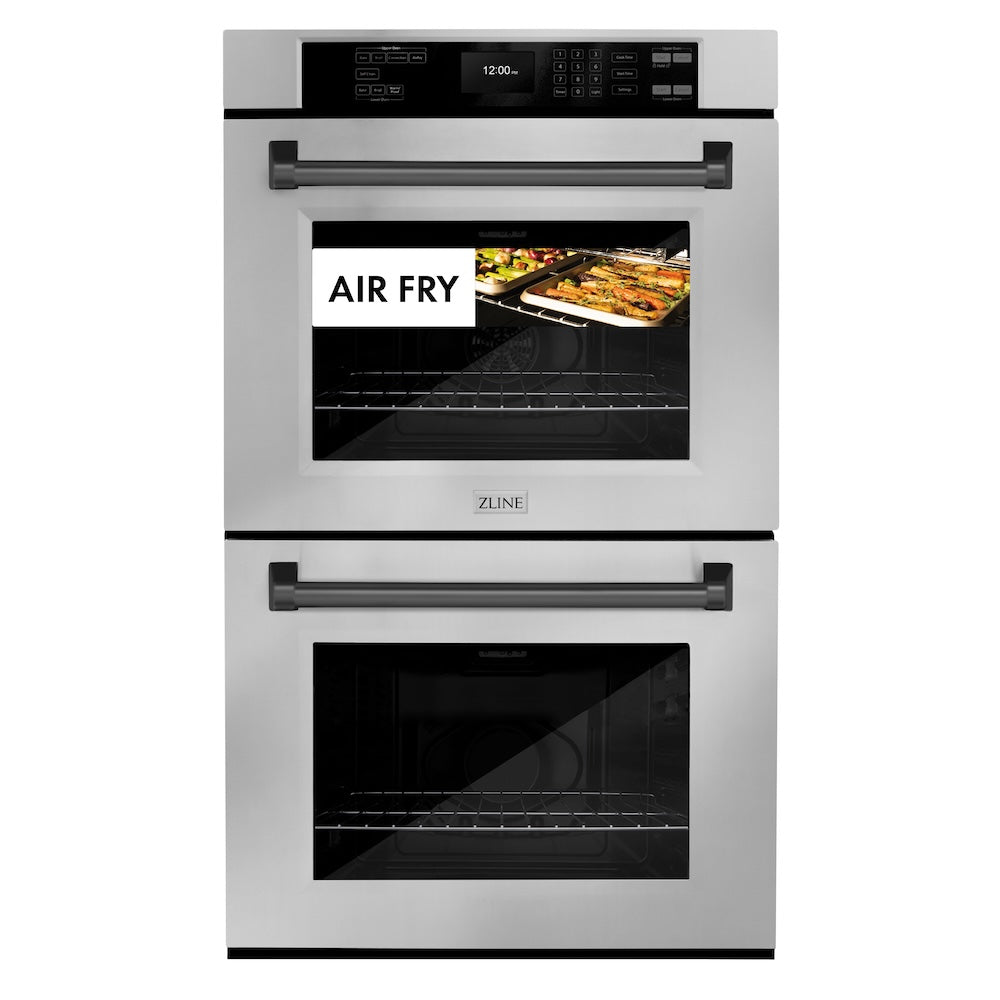 ZLINE Autograph Edition 30 in. Professional True Convection Double Wall Oven with Air Fry and Self Clean in Stainless Steel with Matte Black Handles (WADZ-30-MB) front, oven closed with food inside. Text: "Air Fry"