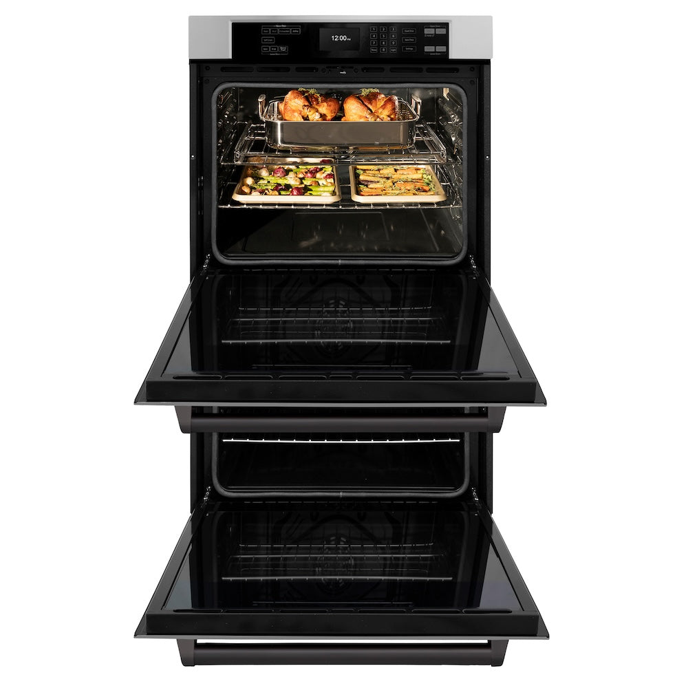 ZLINE Autograph Edition 30 in. Professional True Convection Double Wall Oven with Air Fry and Self Clean in Stainless Steel with Matte Black Handles (WADZ-30-MB) front, open, with food inside.