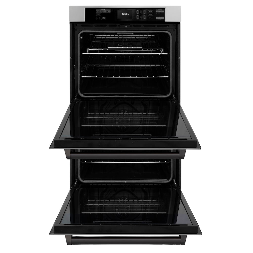 ZLINE Autograph Edition 30 in. Professional True Convection Double Wall Oven with Air Fry and Self Clean in Stainless Steel with Matte Black Handles (WADZ-30-MB) front, open.