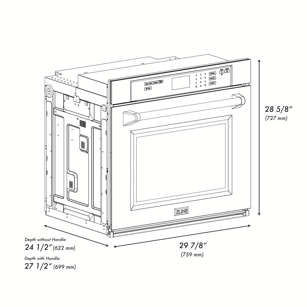 ZLINE Autograph Edition 30 in. Professional True Convection Single Wall Oven with Air Fry and Self Clean in Stainless Steel with Champagne Bronze Handle (WASZ-30-CB) dimensional diagram.