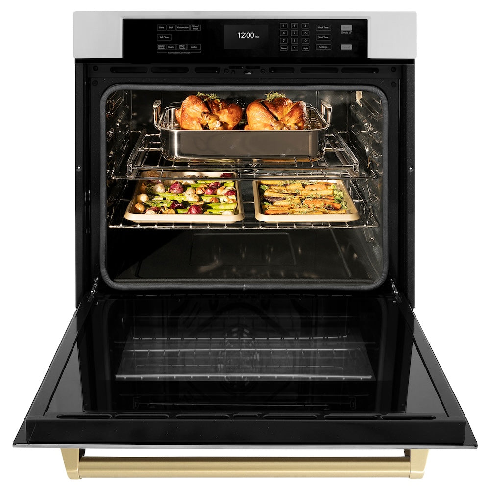 ZLINE Autograph Edition 30 in. Professional True Convection Single Wall Oven with Air Fry and Self Clean in Stainless Steel with Champagne Bronze Handle (WASZ-30-CB) front, open, with food inside oven.