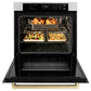 ZLINE Autograph Edition 30 in. Professional True Convection Single Wall Oven with Air Fry and Self Clean in Stainless Steel with Champagne Bronze Handle (WASZ-30-CB) with open door showing roasted turkey and vegetables on multiple racks.